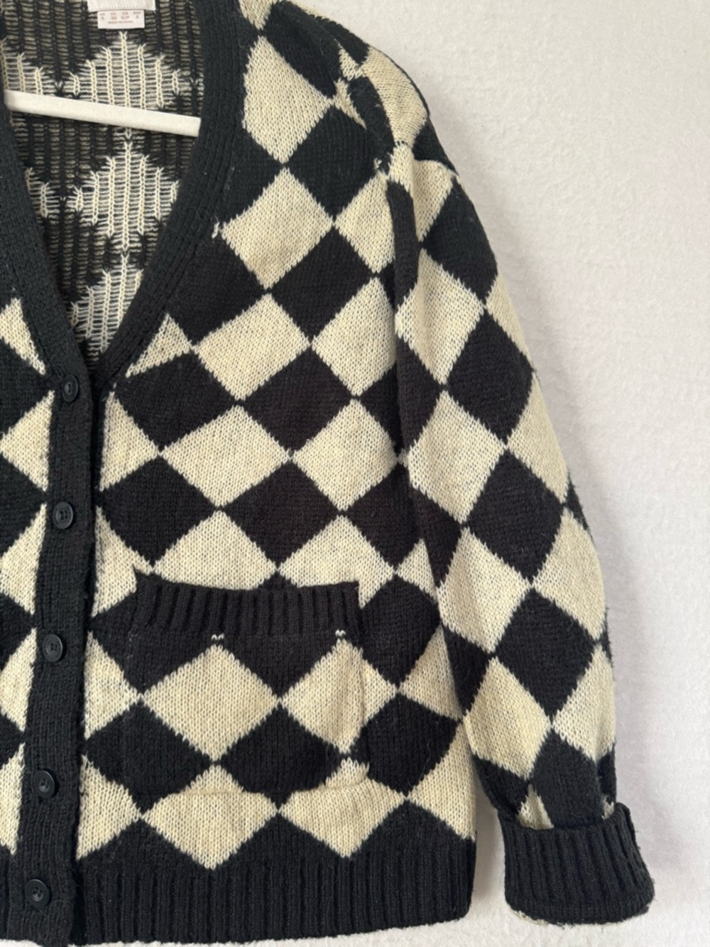 Brixton Black Cream Argyle Cardigan Sweater Button Front Cozy S - Picture 6 of 7